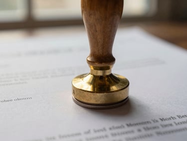 A close-up macro shot of an official brass notary stamp pressing onto high-quality legal paper, warm natural window light highlighting the texture of the paper