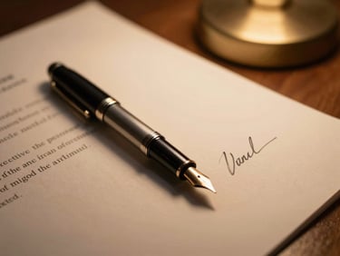 Close-up of a fountain pen resting beside a hand-signed agreement on textured paper, warm desk lamp lighting, intimate and reassuring.