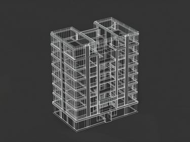 Technical screenshot of a complex 3D wireframe mesh of a residential building in Rhinoceros, clean white lines on a dark charcoal background.