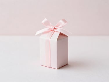 Small, centered product shot of a delicate pale pink and white children's party favor box with a subtle ribbon, soft natural light, minimalist composition.