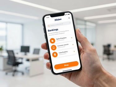 A smartphone displaying a clean mobile banking interface with orange call-to-action buttons, held in a hand, bright modern workspace background