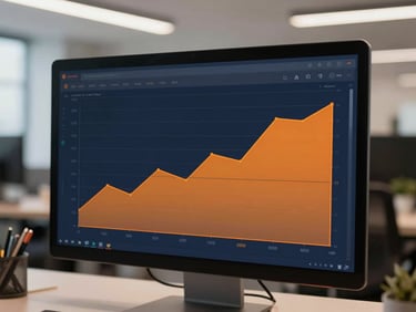 A sleek dashboard interface on a desktop screen, showcasing analytics graphs in deep navy and vibrant amber-orange, modern office setting, shallow depth of field