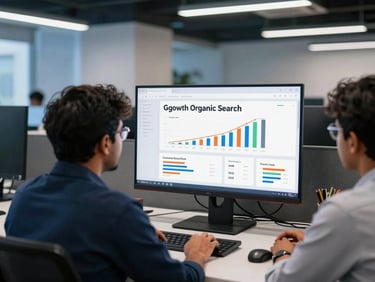 A modern Indian tech workspace in Mohali with a team reviewing high-growth organic search traffic analytics on a large monitor, cool blue ambient tones, 35mm