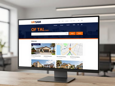 A wide screen displaying a modern real estate web portal, showing high-resolution property listings and an integrated map, clean layout