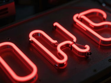 Macro close-up of fabricated 3D acrylic letters, glowing crimson red neon light, showing material depth and structural precision in a dark workshop setting