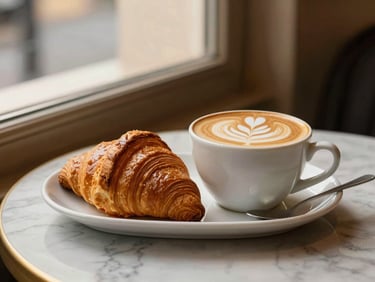 A freshly poured latte with elegant latte art next to a flaky croissant on a marble cafe table, soft window light