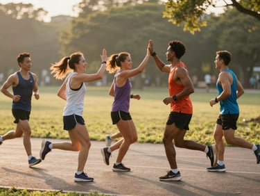 Wide dynamic sports photography of a diverse group of runners high-fiving during a morning run in a park, golden hour light, motion blur, athletic energy