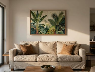 Cozy residential living room in Cancún, a curated botanical painting above a linen sofa, warm afternoon window light, the room lived-in and personal, wide environmental framing showing the full wall