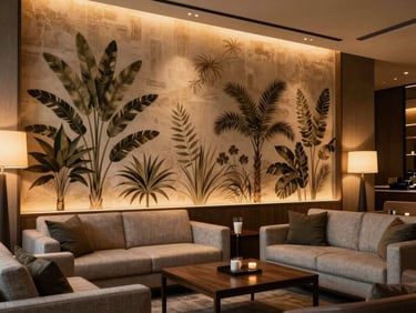 Upscale hotel-style corporate lounge, warm-toned botanical artwork on textured wall, low sofas and a coffee table in the foreground, warm ambient pendant lighting, no people, early evening atmosphere