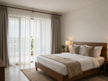 Airbnb apartment bedroom in Riviera Maya, a curated Caribbean-inspired canvas above a styled bed, morning light through white curtains, wide environmental shot showing the room as a complete experience