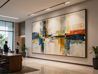 Modern corporate lobby in Cancún, a large-format abstract canvas anchoring the reception wall, soft directional overhead lighting, the space active with professional context—a desk visible at left, natural light from a glass facade