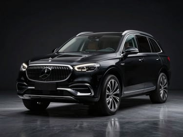 3/4 front-angle view of a luxurious black SUV, dramatic lighting, premium corporate look, dark reflective background.