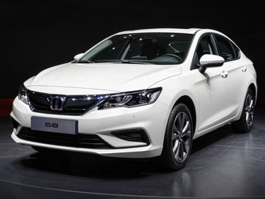 3/4 front-angle view of a sleek white sedan, crisp lighting, professional automotive showcase, dark reflective background.