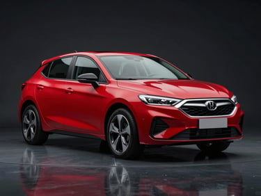 3/4 front-angle view of a modern red hatchback car, clean studio lighting, high contrast, dark reflective background.