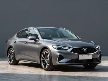 Three-quarter front angle shot of a sleek grey mid-size sedan parked on a clean surface, sharp corporate automotive lighting