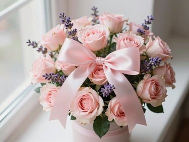 Overhead soft-focus shot of a premium cup bouquet filled with blush pink roses, lavender stems, and a large satin bow, bright morning window light, 35mm