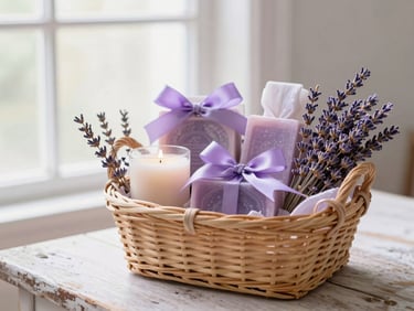 A luxurious spa gift basket filled with lavender soaps, a cream-colored candle, and soft ribbons, resting on a rustic table under diffused window light
