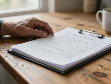 Close-up of older hands resting on a kitchen table beside a manila folder of documents, soft north-facing window light falling across worn wooden surface, a ceramic coffee mug visible at the edge of frame