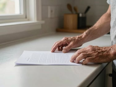 Close-up of an older adult's hands resting on a kitchen counter beside a single document, natural window light from the left, soft focus background of a tidy Texas kitchen