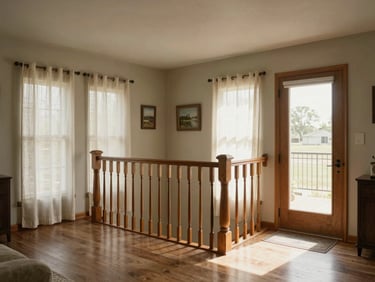 Wide interior shot of a modest Texas living room with a wide doorway and wooden handrail installed along the hallway, afternoon light through gauze curtains, no people, home details suggesting thoughtful accessibility modification