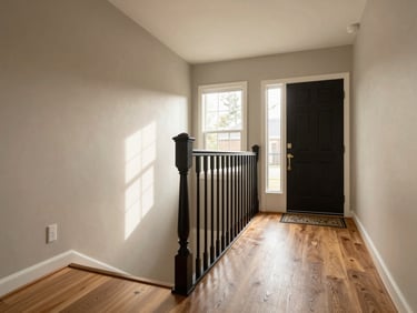 Wide-angle view of a home entryway with a sturdy handrail along the wall, afternoon light filtering through a side window, wood floor with a low-profile threshold, photographed from the hallway looking toward the front door