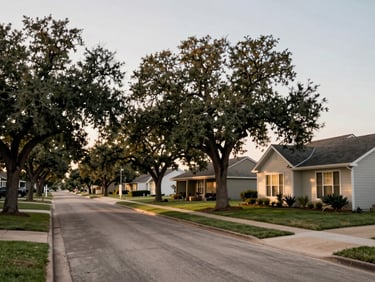 Environmental shot of a quiet Texas suburban street at late afternoon, mature oak trees lining the sidewalk, a well-maintained ranch-style home visible to the right third of the frame, expansive pale sky above