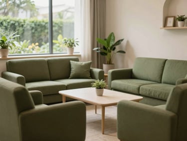 Sala de estar ampla e iluminada por luz natural em uma clínica de recuperação, com poltronas confortáveis, mesa de centro e vista para um jardim, tons de verde-oliva e creme, sem pessoas.