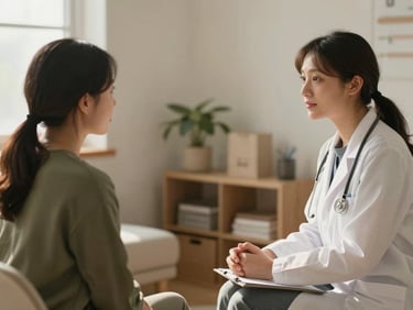 A therapist and a patient in a comfortable, sunlit therapy room, engaged in conversation, warm editorial photography, soft natural morning light, earthy tones and olive greens, shallow depth of field, 35mm lens