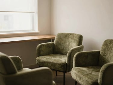 Consultório de terapia individual com poltronas e mesa, iluminação natural, ambiente calmo e acolhedor, sem pessoas, focado na privacidade.