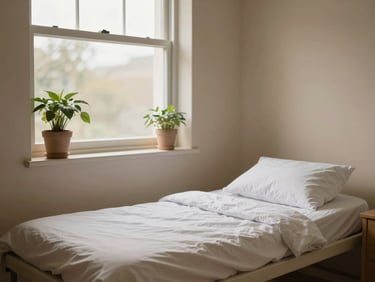 Interior de um quarto privativo em uma clínica de recuperação, com cama arrumada, luz natural suave entrando pela janela, tons terrosos e plantas, sem pessoas.