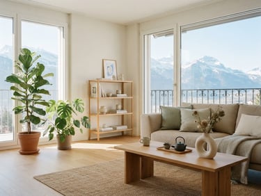 Bright editorial interior photography of a sun-drenched Swiss living room with clean lines, minimalist oak furniture, and healthy green plants, soft morning daylight, 35mm