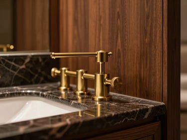 Extreme close-up of premium interior finishes in a hotel suite, showing polished dark marble counter, brushed brass fixtures, and rich walnut wood paneling under soft warm light.