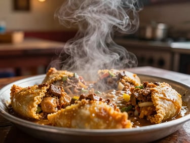 Close-up of a traditional Bolivian silpancho dish from Cochabamba, steam rising, warm indoor kitchen lighting.