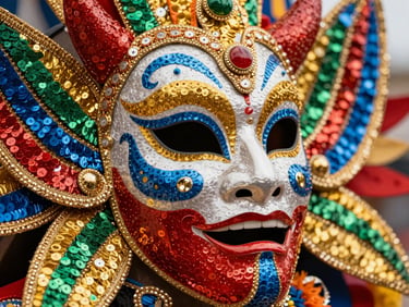 Vibrant close-up of a Diablo mask from the Oruro Carnival, focusing on the intricate textures, sequins, and bold colors.