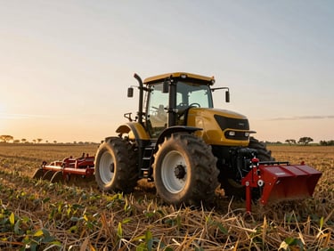 Campos de cultivo de soya en Santa Cruz, maquinaria agrícola moderna trabajando al atardecer