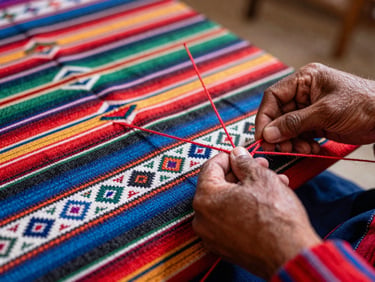 Close-up of hands weaving a colorful aguayo textile in Tarabuco, focusing on the intricate geometric patterns and red threads.