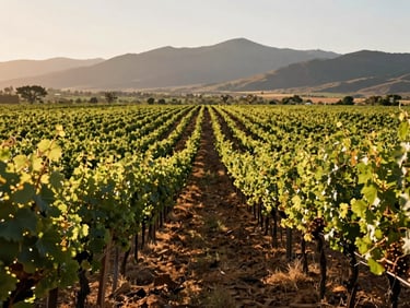 Sun-drenched vineyards of Tarija, rows of grapevines stretching toward the distant mountains under warm afternoon light.