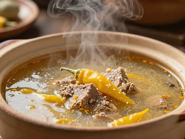 Macro shot of steaming traditional fricasé soup in a clay bowl, warm kitchen lighting, dust of yellow chili in the air.