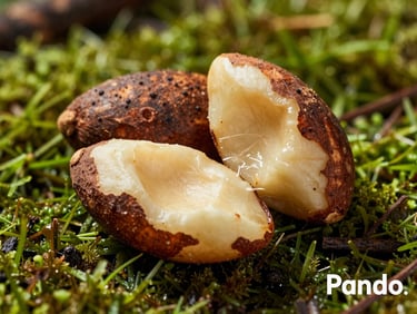 Macro shot of fresh Brazil nuts inside their woody shell, resting on a mossy rainforest floor in Pando.