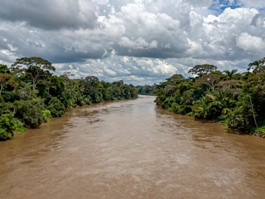 A wide, winding river in the Beni region, surrounded by dense Amazonian jungle under a dramatic cloudy sky.