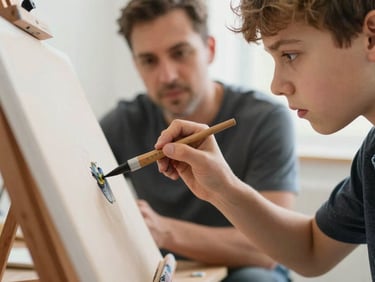 Close-up of a teenager's hands painting on canvas in a bright room, a mentor visible in soft focus behind them watching attentively, natural afternoon light across the work surface, paint-stained fingers mid-stroke