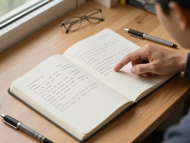 Overhead shot of a student's open notebook on a wooden desk, a mentor's hand pointing to a written passage, warm natural light from a nearby window, pen and highlighter visible at the edge of frame