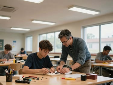 Wide environmental shot of a community center room, two youth at a workbench assembling a small project, a mentor leaning in to demonstrate, overhead fluorescent light softened by a row of side windows, tools and materials on the table