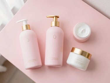 Dove moisture body wash and cream flat lay on a soft pink vanity table, diffused natural light