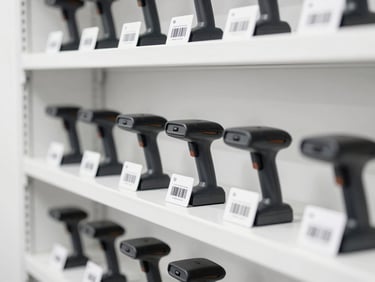 Bright high-key clean studio shot of organized warehouse shelving with barcode scanners and digital inventory tags, minimalist tech aesthetic