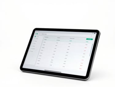 Sharp straight-on macro shot of a sleek POS tablet displaying real-time inventory charts, bright high-key studio light, clean white background, minimalist tech aesthetic