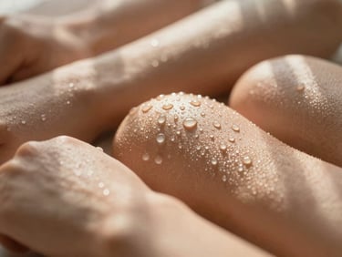 A delicate macro shot of diverse, dewy skin with natural texture, soft-focus background, warm morning sunlight casting gentle leaf shadows.