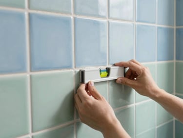 Close-up of hands placing a ceramic tile using level spacers on a bathroom wall, bright natural daylight, sharp focus