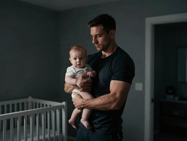 Cinematic medium portrait of an athletic father holding an infant in a minimalist dark-toned nursery, dramatic side-lighting, high contrast, 35mm film.