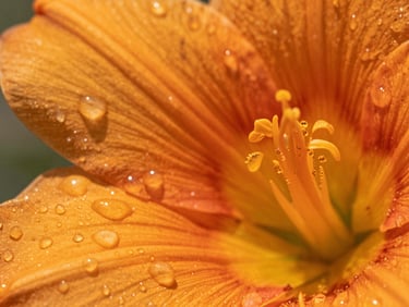 Bright editorial photography, macro close-up of vibrant orange botanical petals with glistening water droplets in high-key natural sunlight, sharp focus, 35mm lens